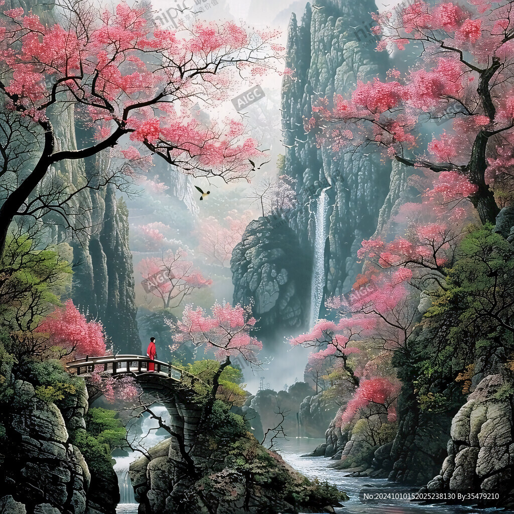 花瓣飘落山水画