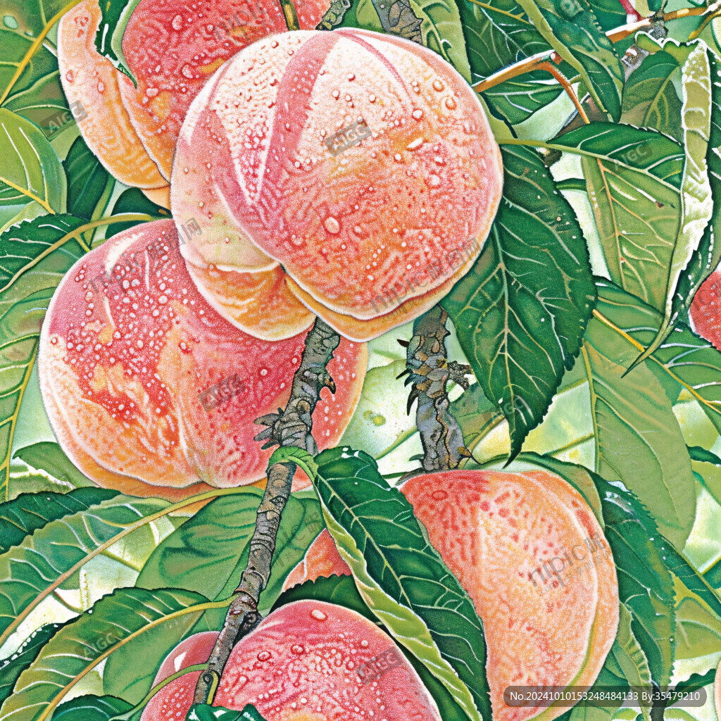 成熟桃子树手绘