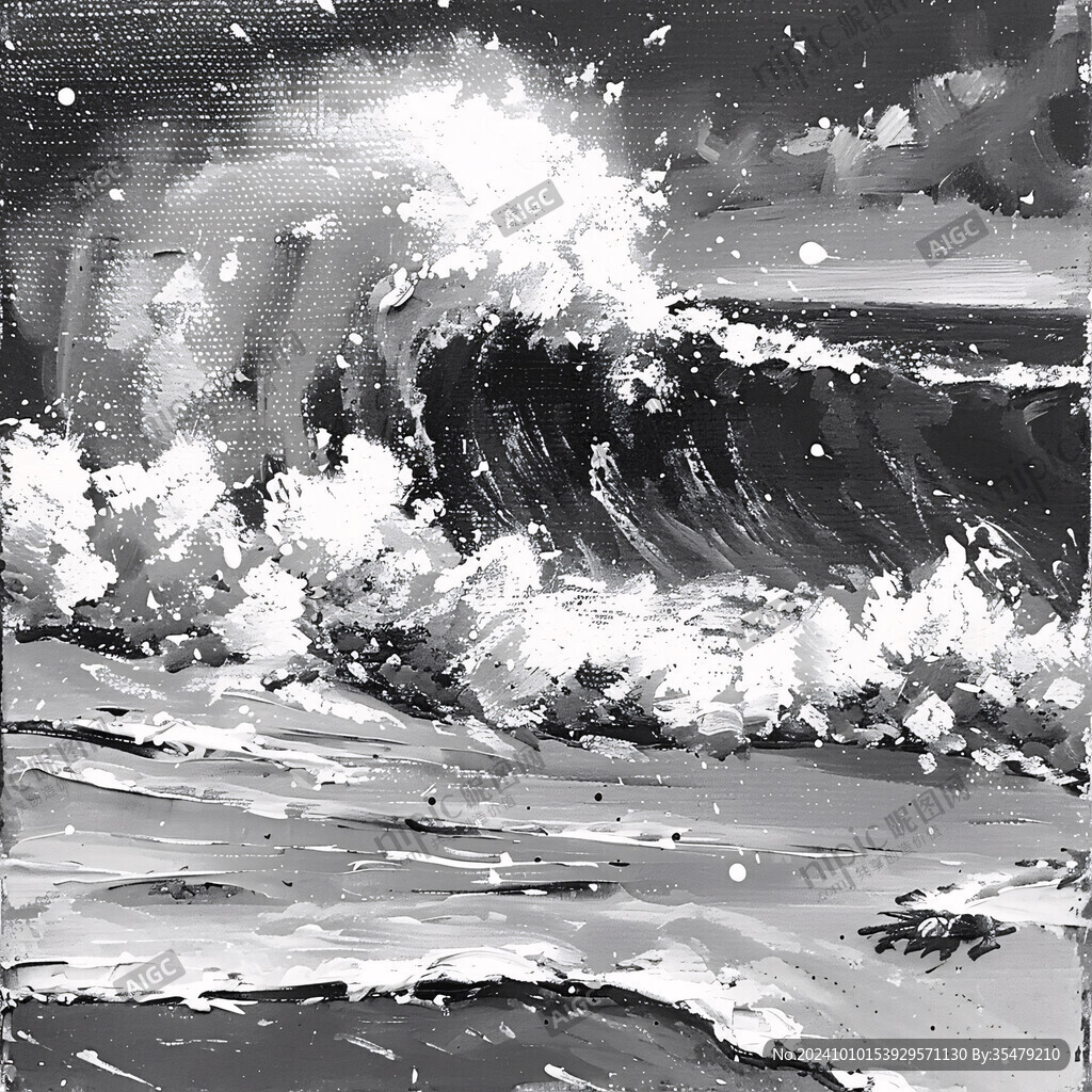 海浪水粉画