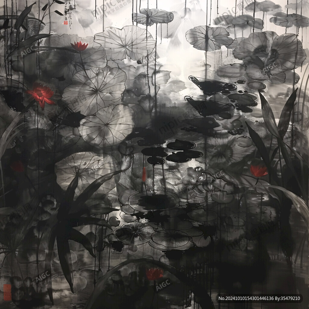 巨幅水墨荷花