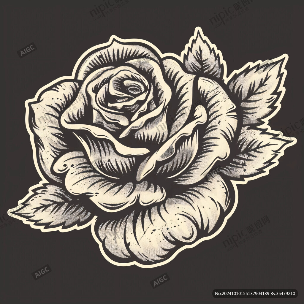 复古玫瑰花插画版画