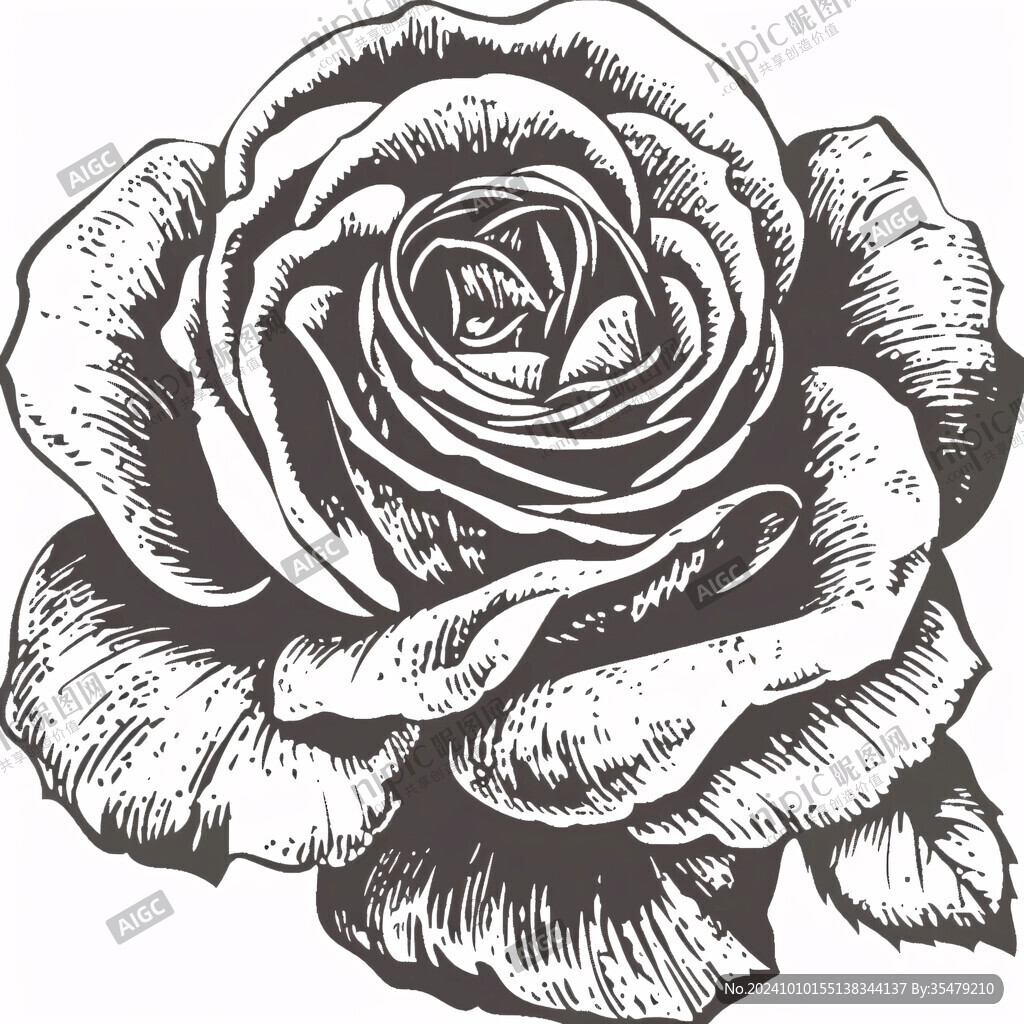 复古玫瑰花插画版画