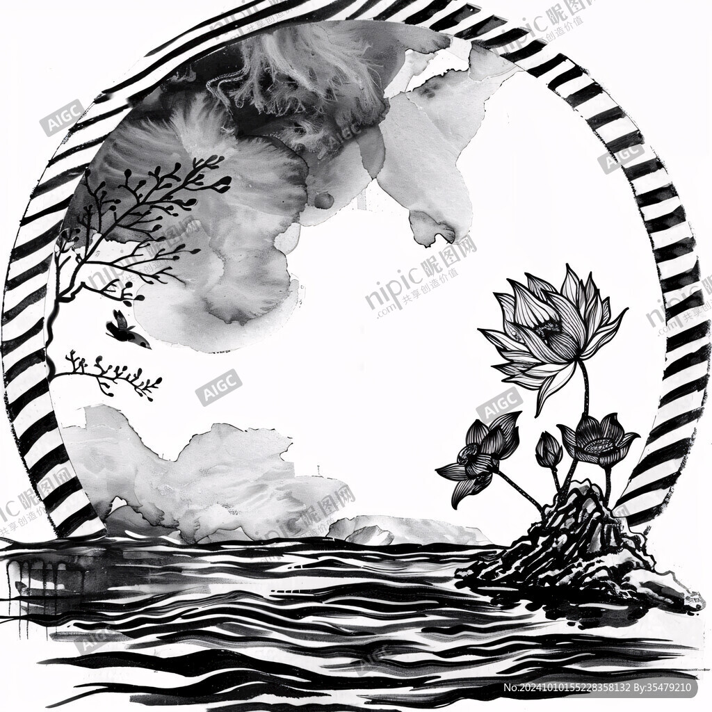 水墨荷圆框装饰画