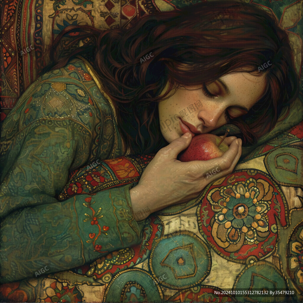 手绘座在苹果上的姑娘