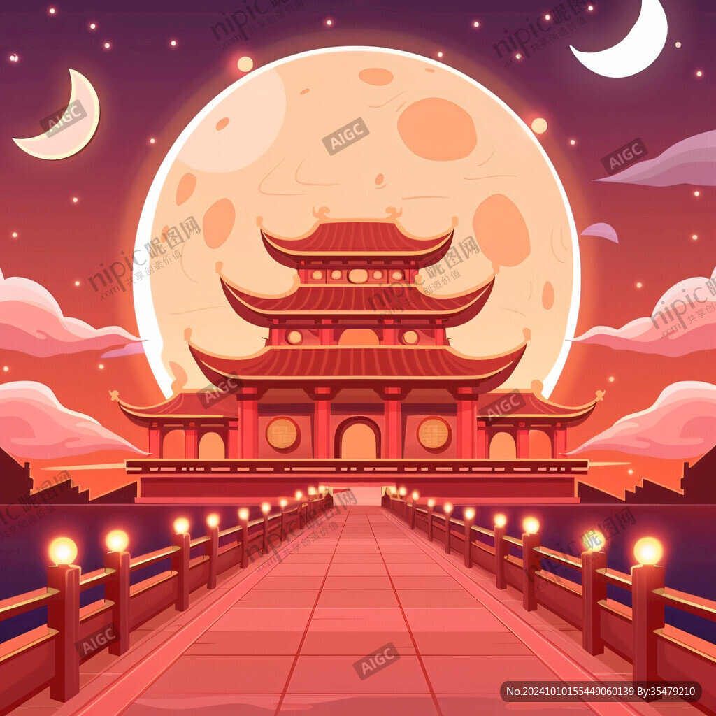 亭台楼阁月亮仙子插画