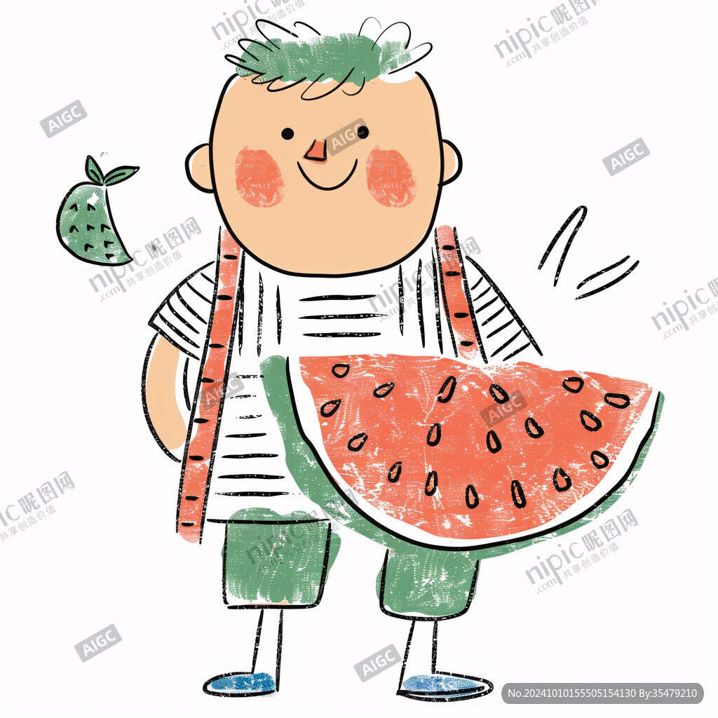 手绘西瓜与小孩