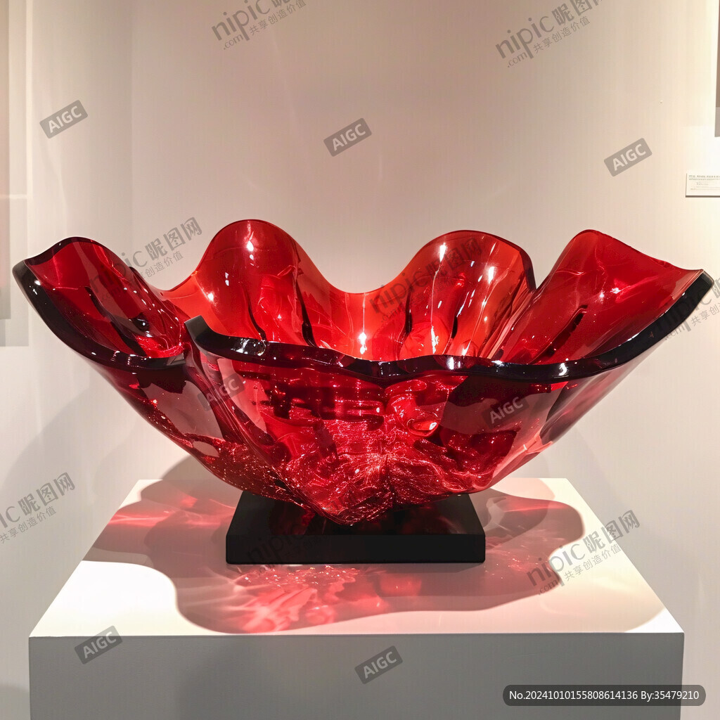 红色透明玻璃菊瓣盘