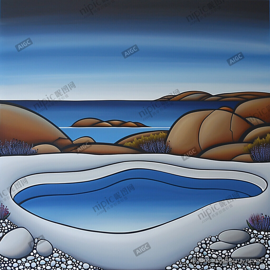 蓝天白云大海岩石插画