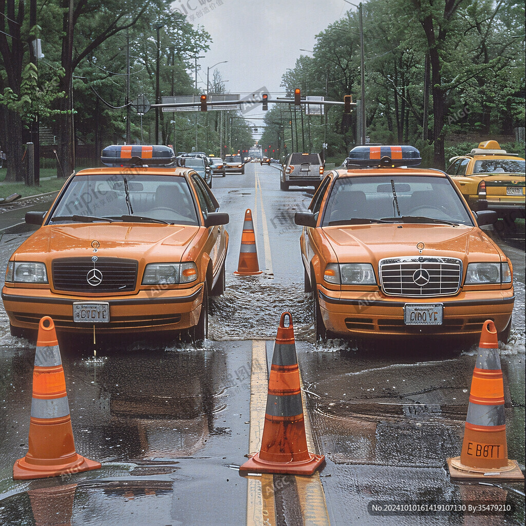 通过积水路的出租车