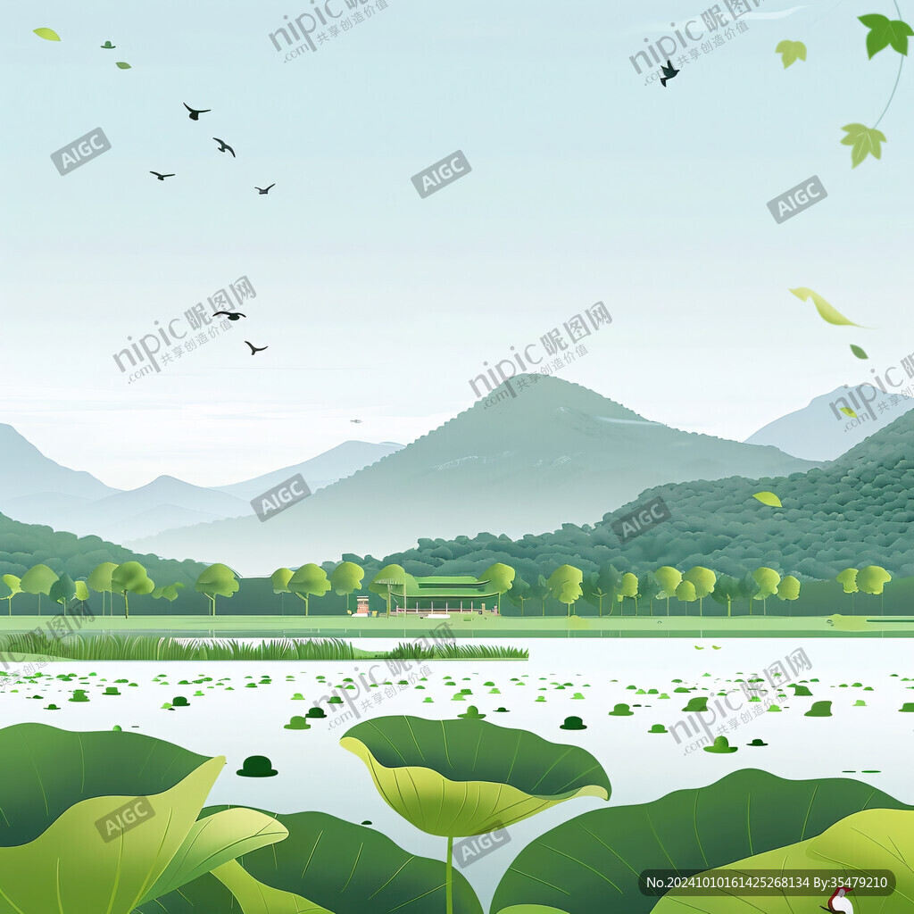 钓鱼垂钓荷塘荷叶山峦