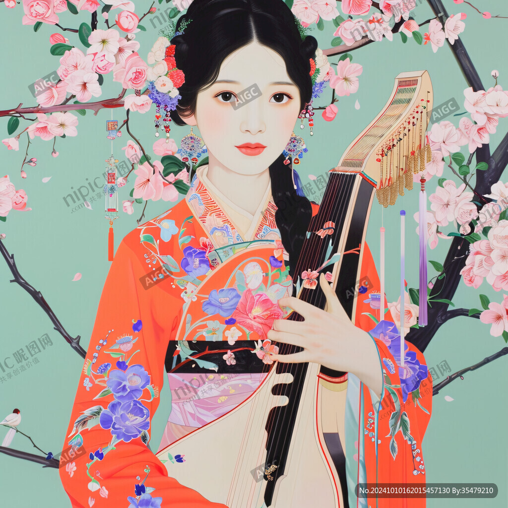 琵琶女孩插画插图