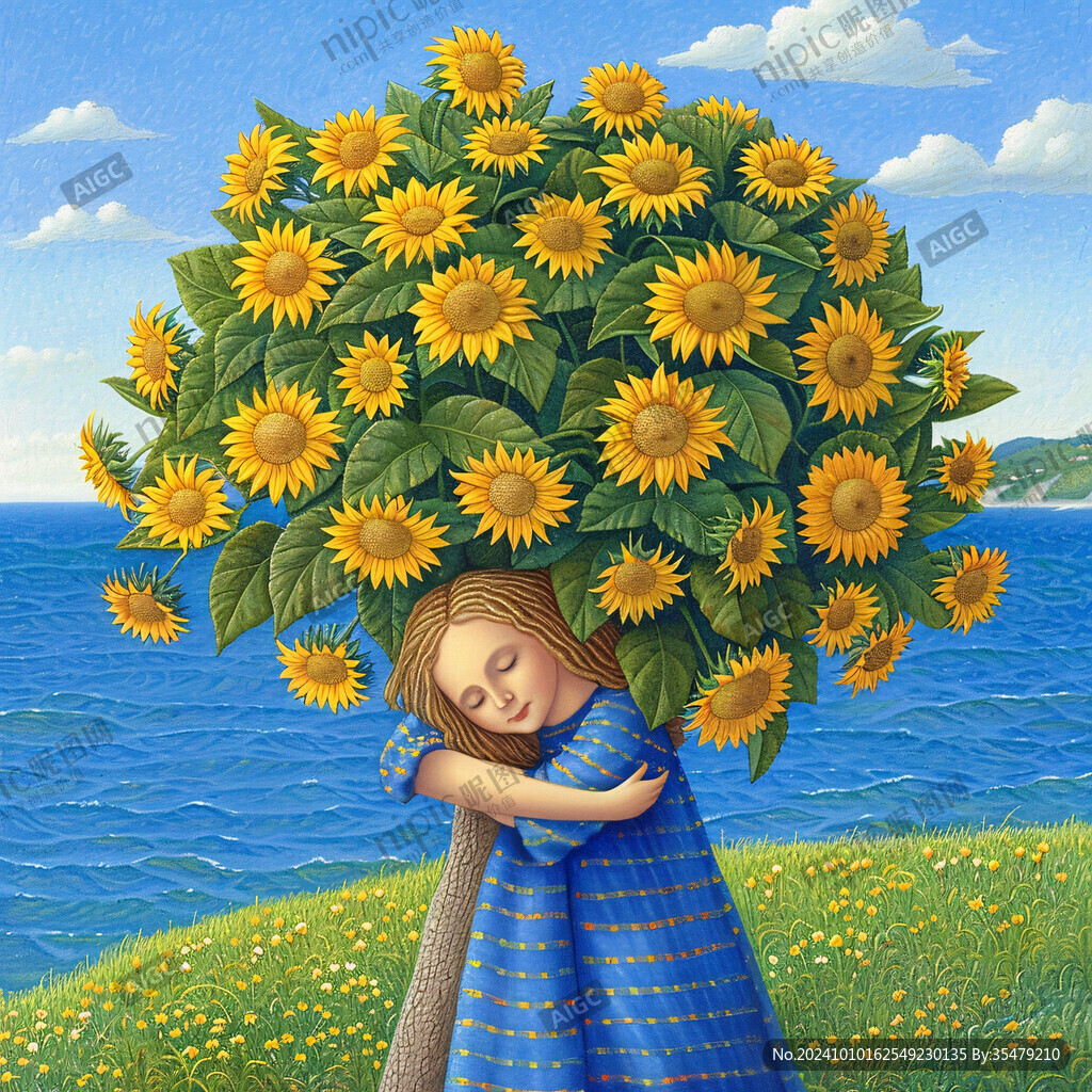 手绘采向日葵的小女孩