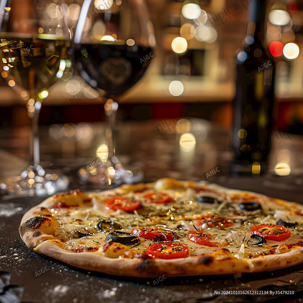 高档餐厅牛排披萨红酒