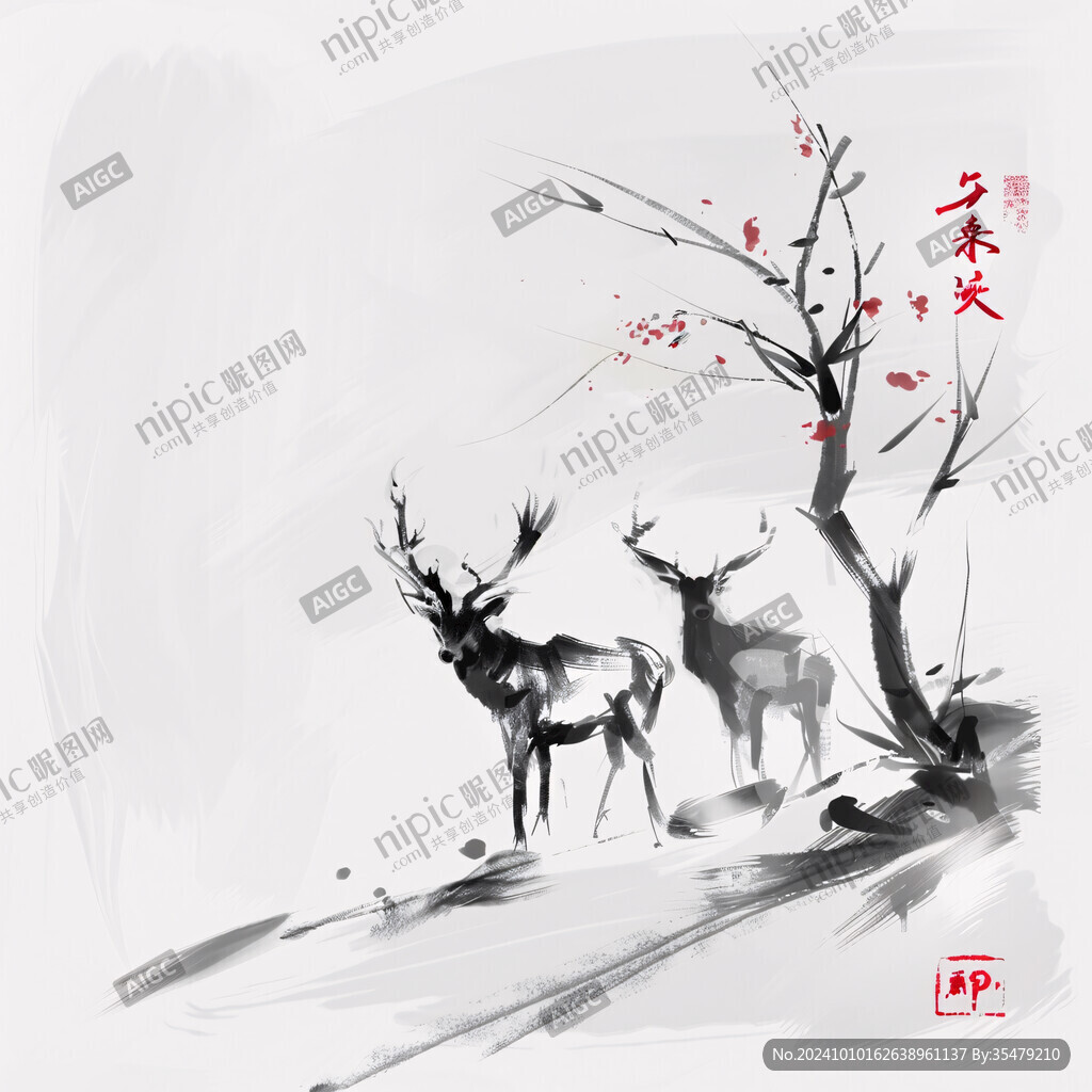 手绘梅花鹿抽象水墨画