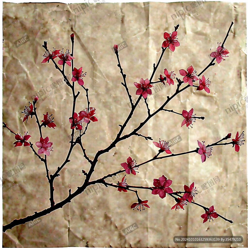 工笔手绘红墙梅花