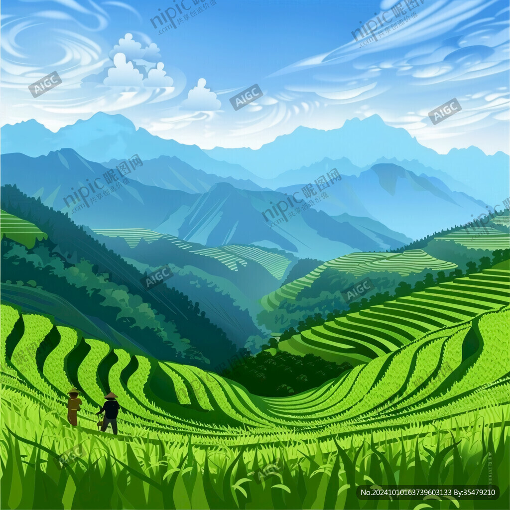 水稻梯田插画
