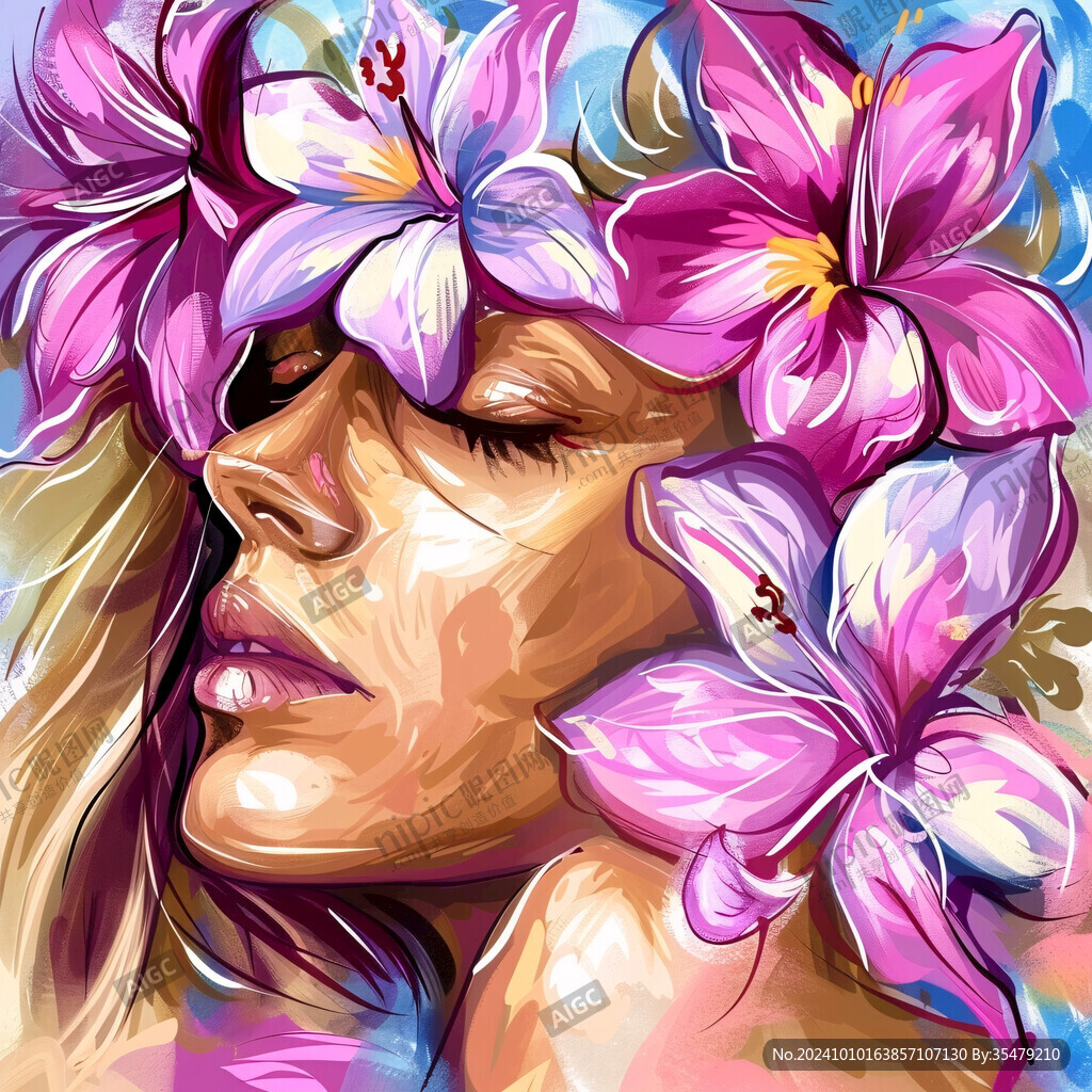 手绘百合花美女