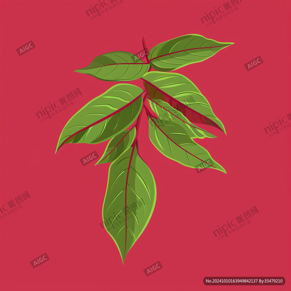 红色绿色一片花瓣枝叶