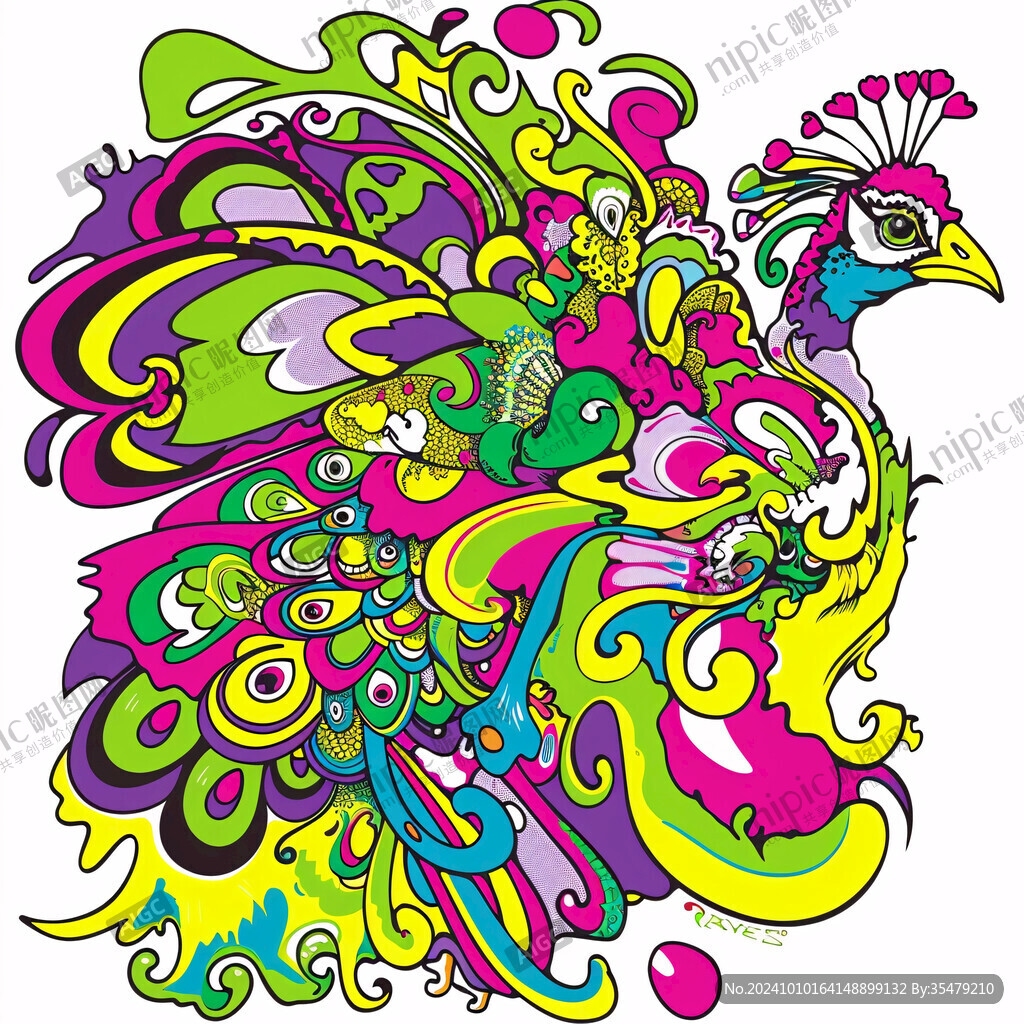 手绘七彩公鸡插画设计