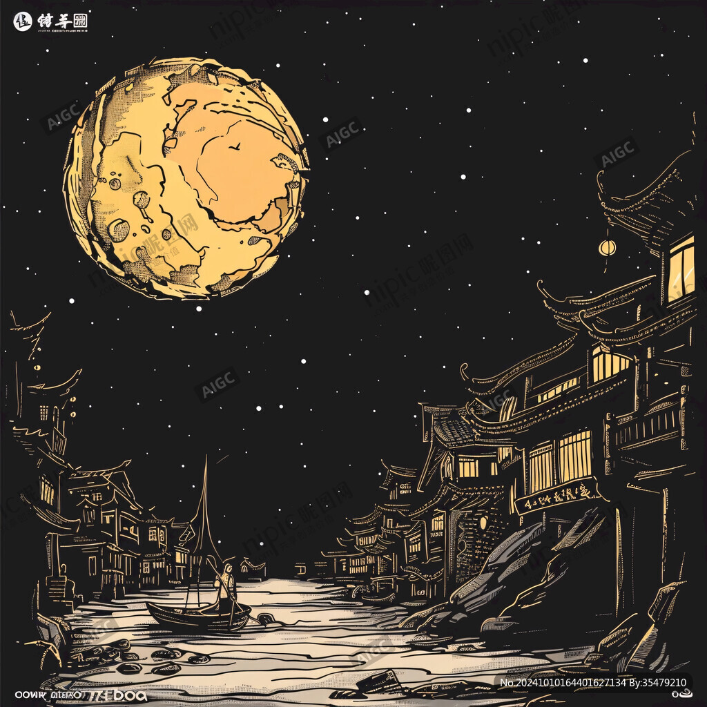 虎溪夜月景点插画