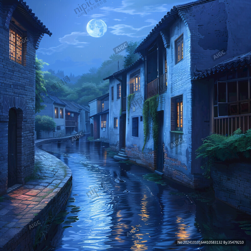 中式建筑水乡小村夜景