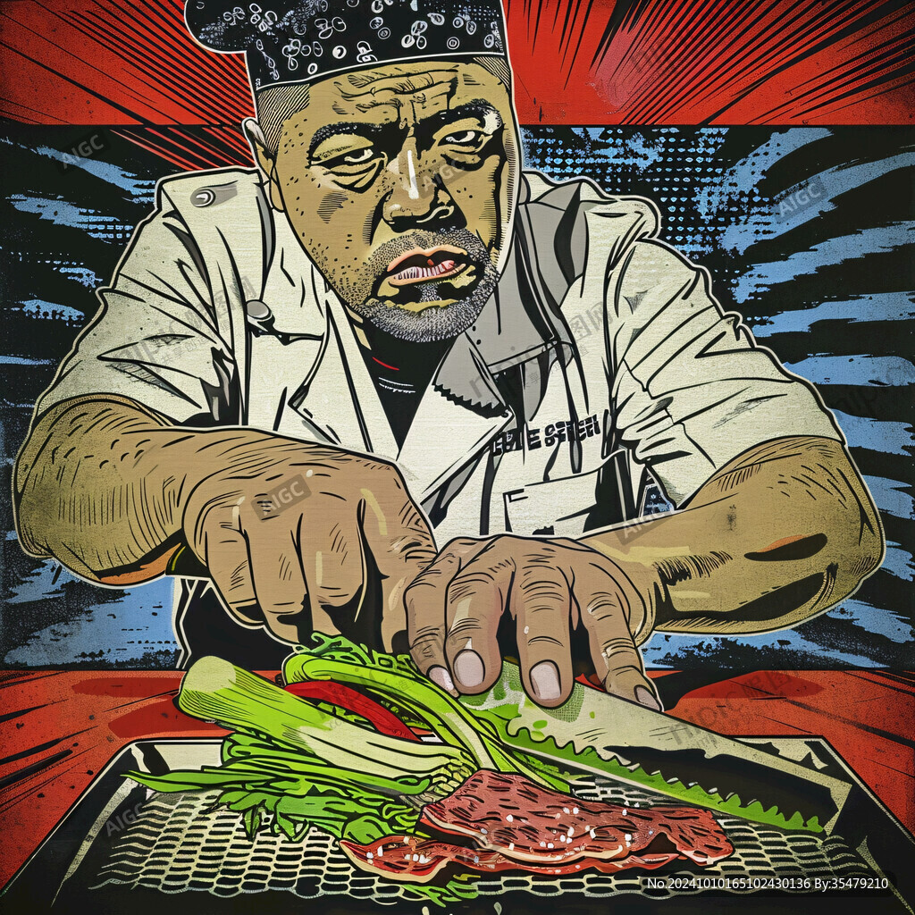 大厨切火腿线稿