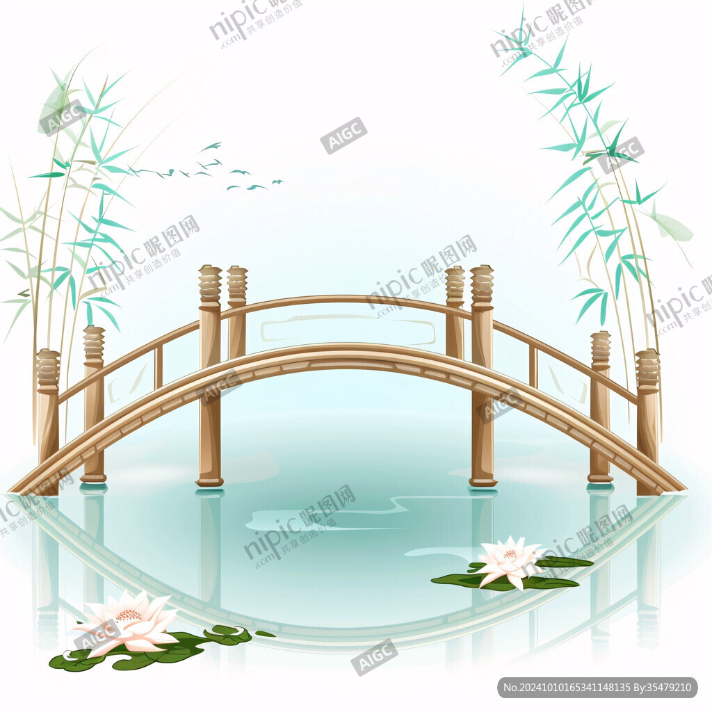 古风柳叶亭子桥梁插画