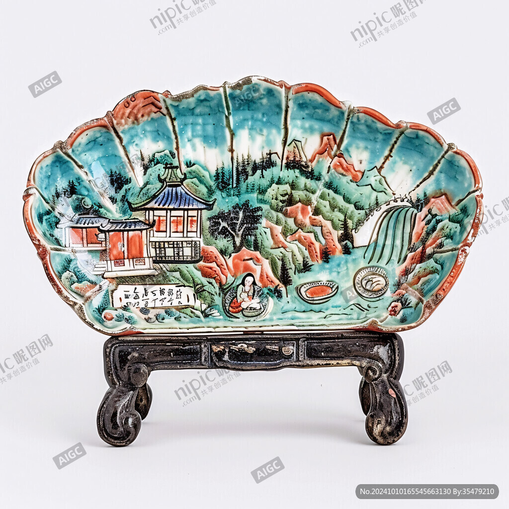 矾红庭院楼阁纹盘