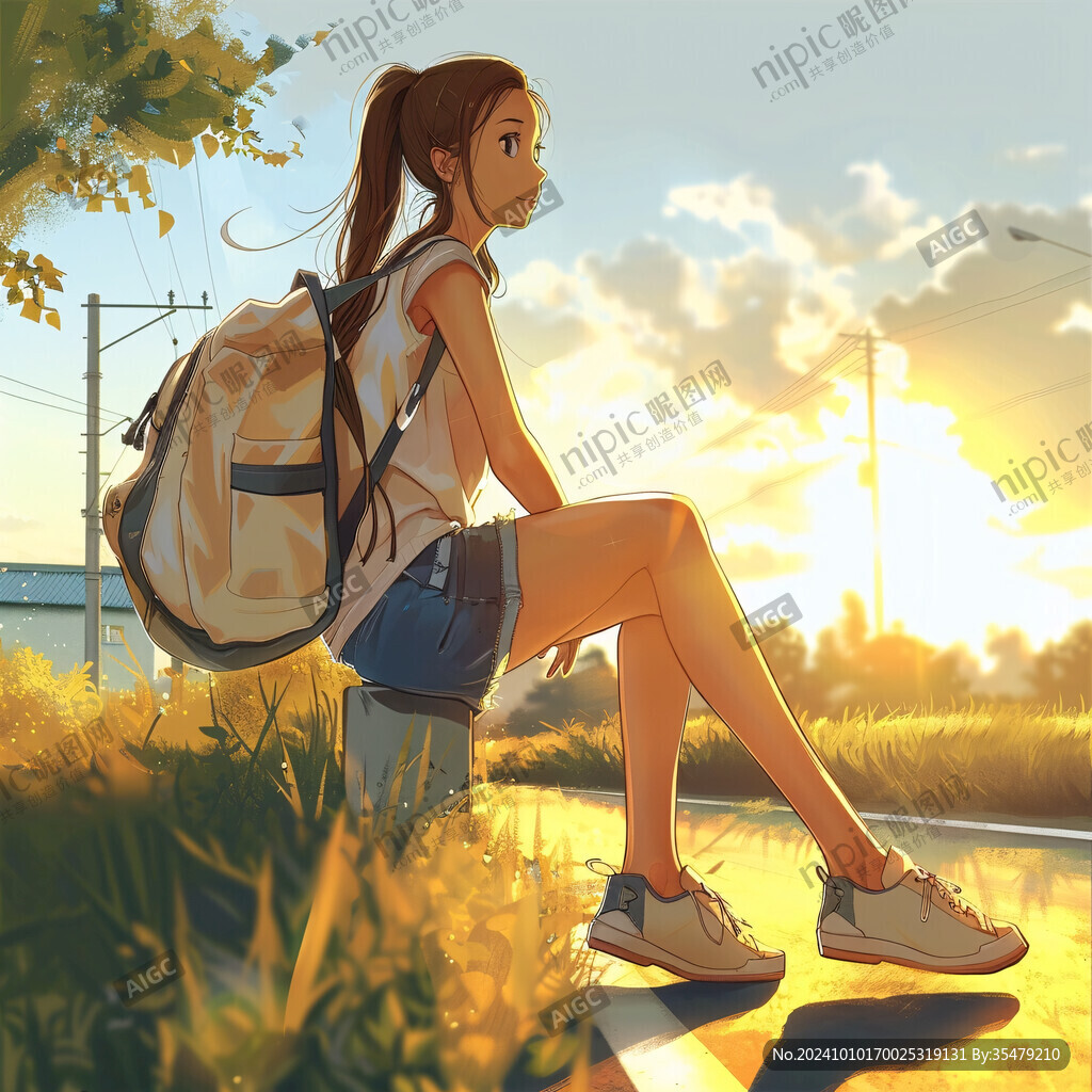 女学生夕阳下插画