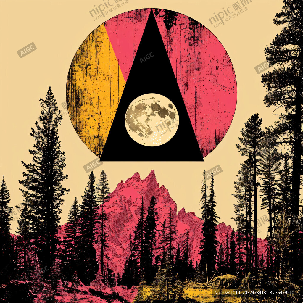 年轮山峰树鹿云意境