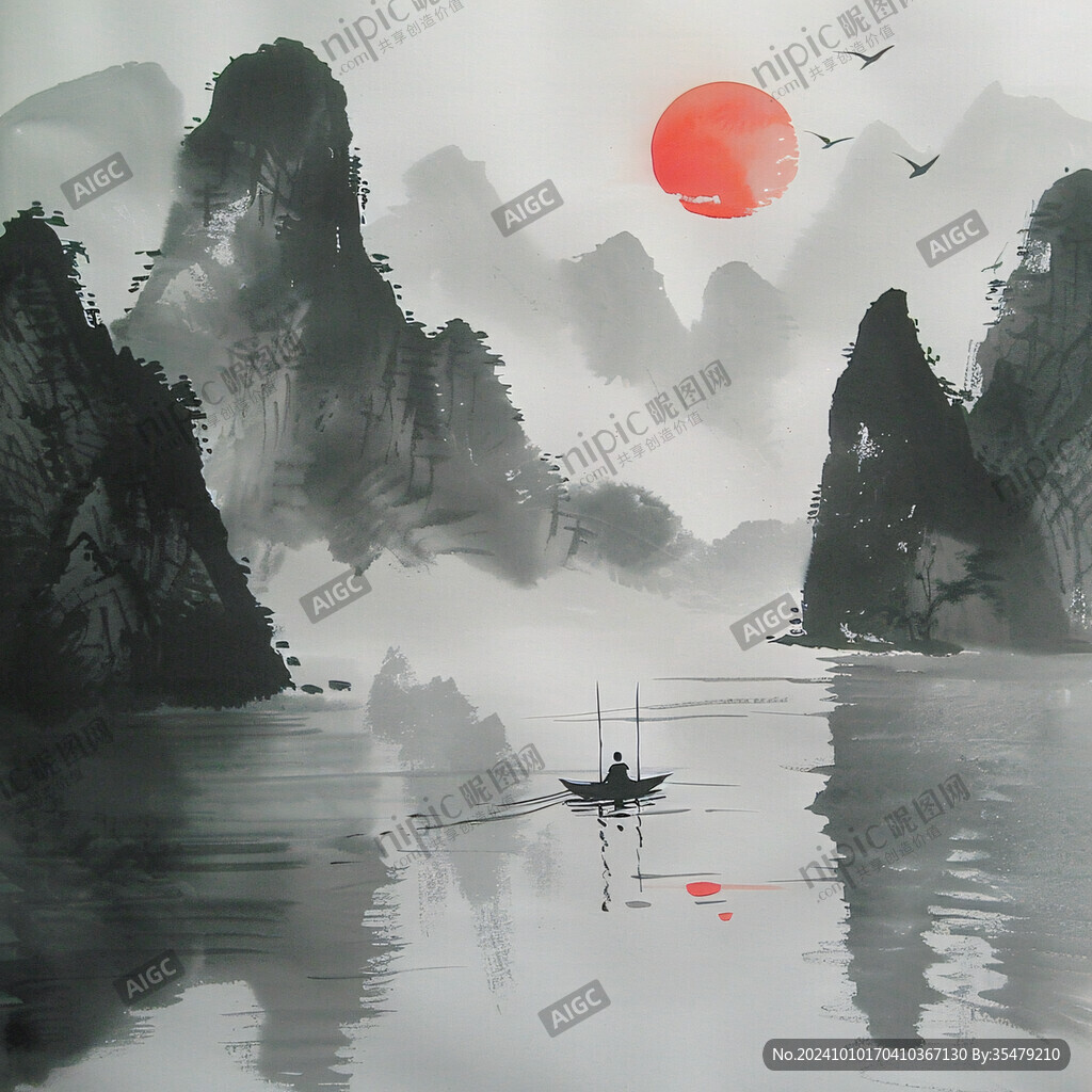 旭日东升水墨山水