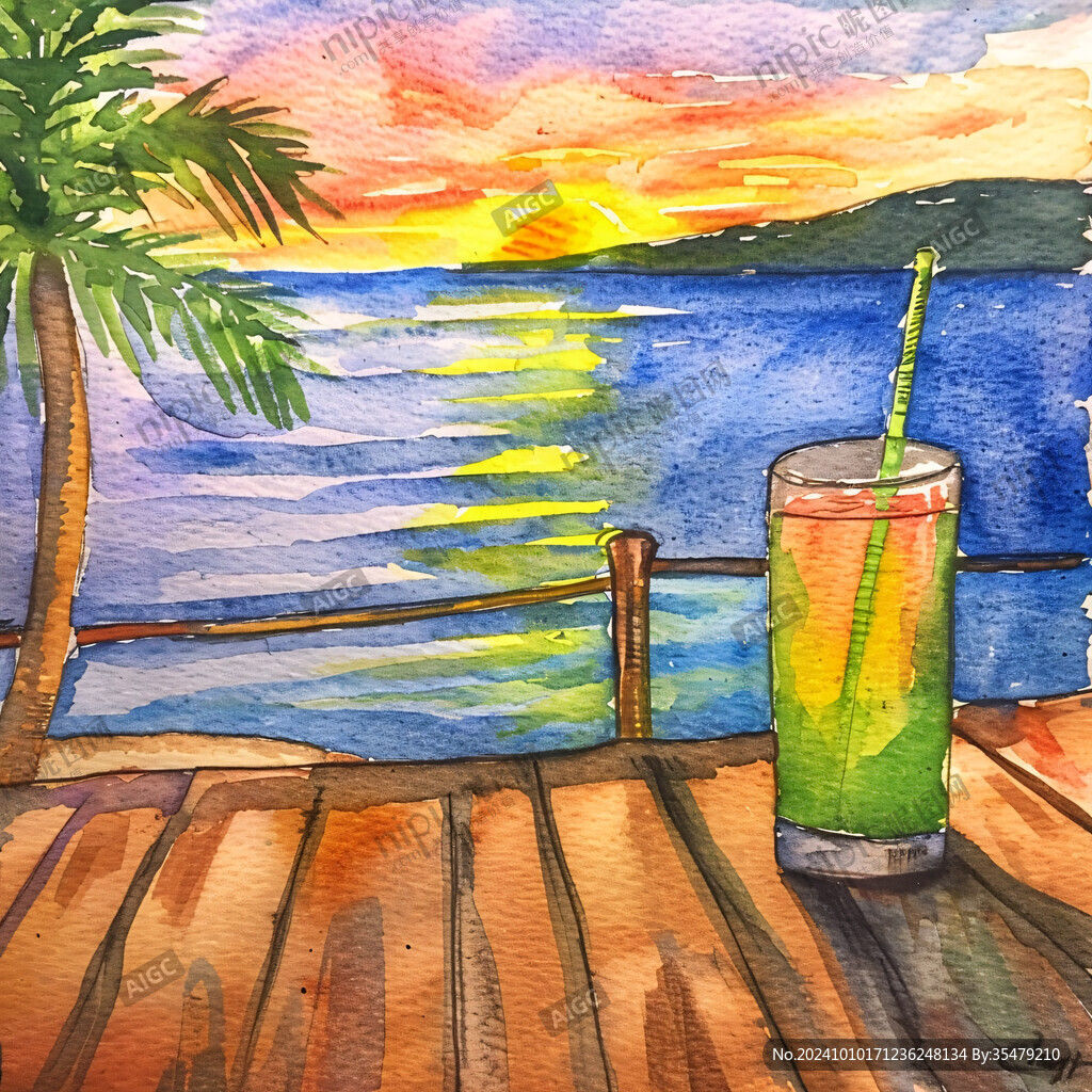 热带风景水彩画