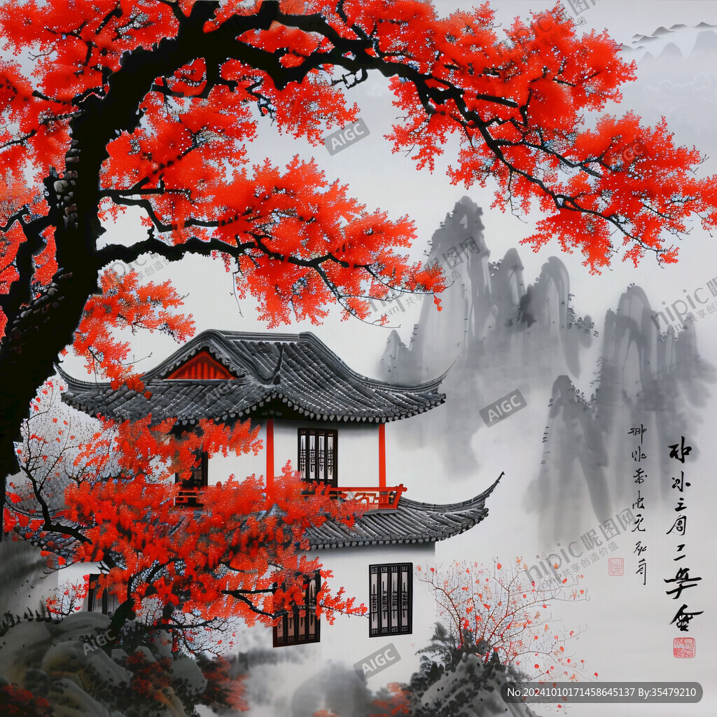 中式房子红枫树