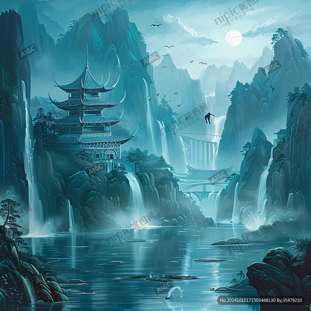 国潮建筑山水场景