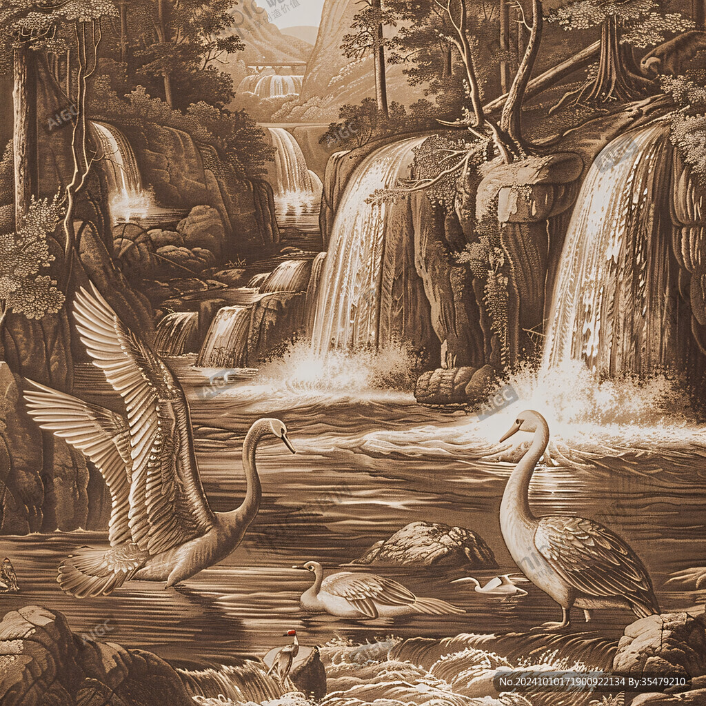 圆形瀑布鹤舞装饰画