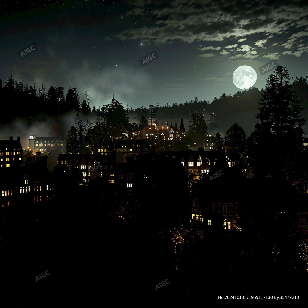 清晨森林晨雾小镇