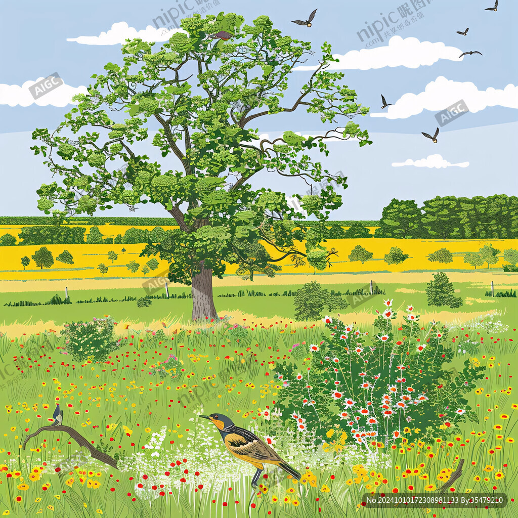 绿树小草花朵森林鸟群