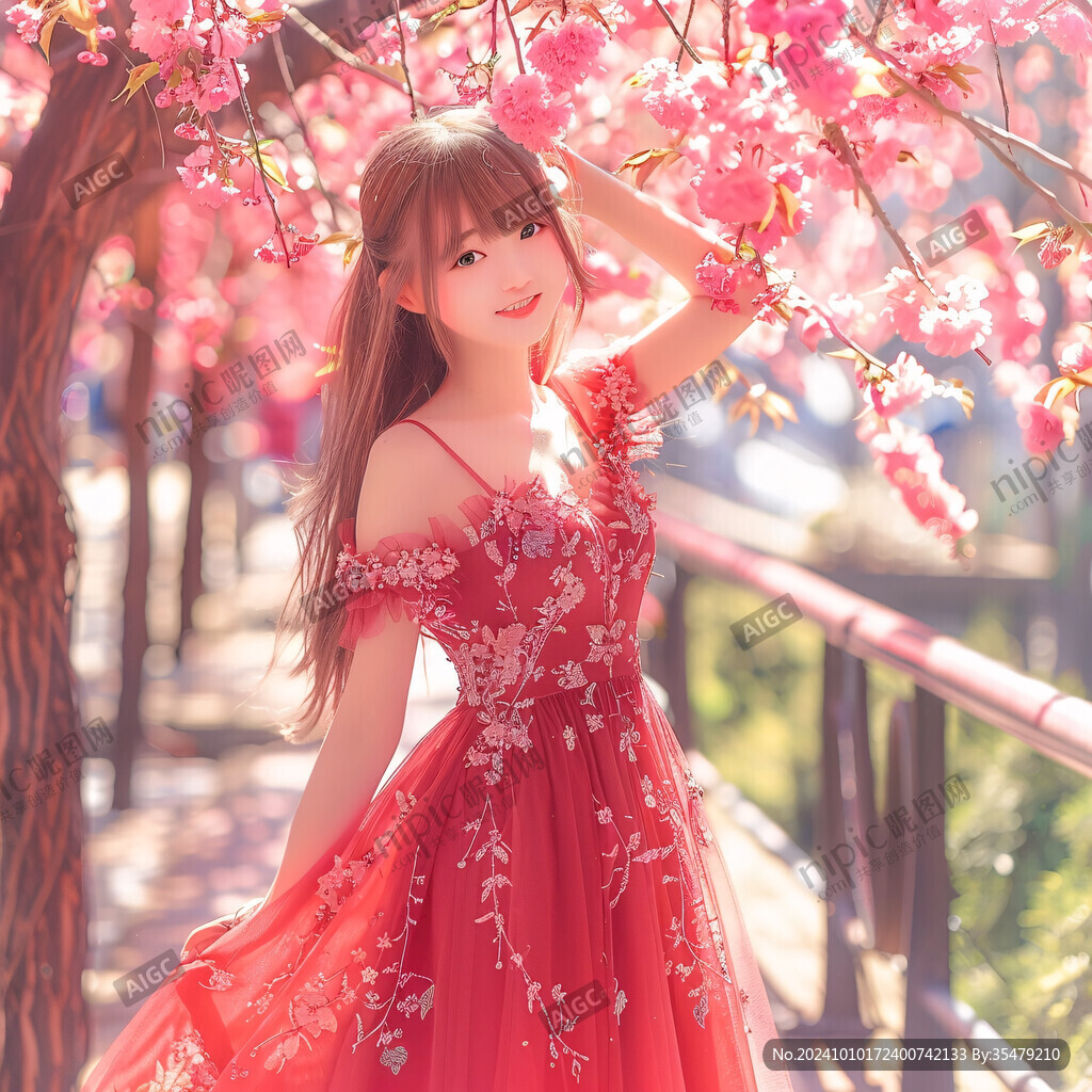 红裙少女戴花女孩