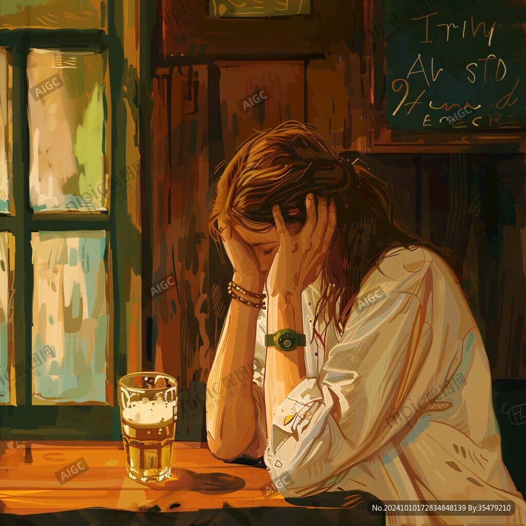 手绘美女醉酒插画