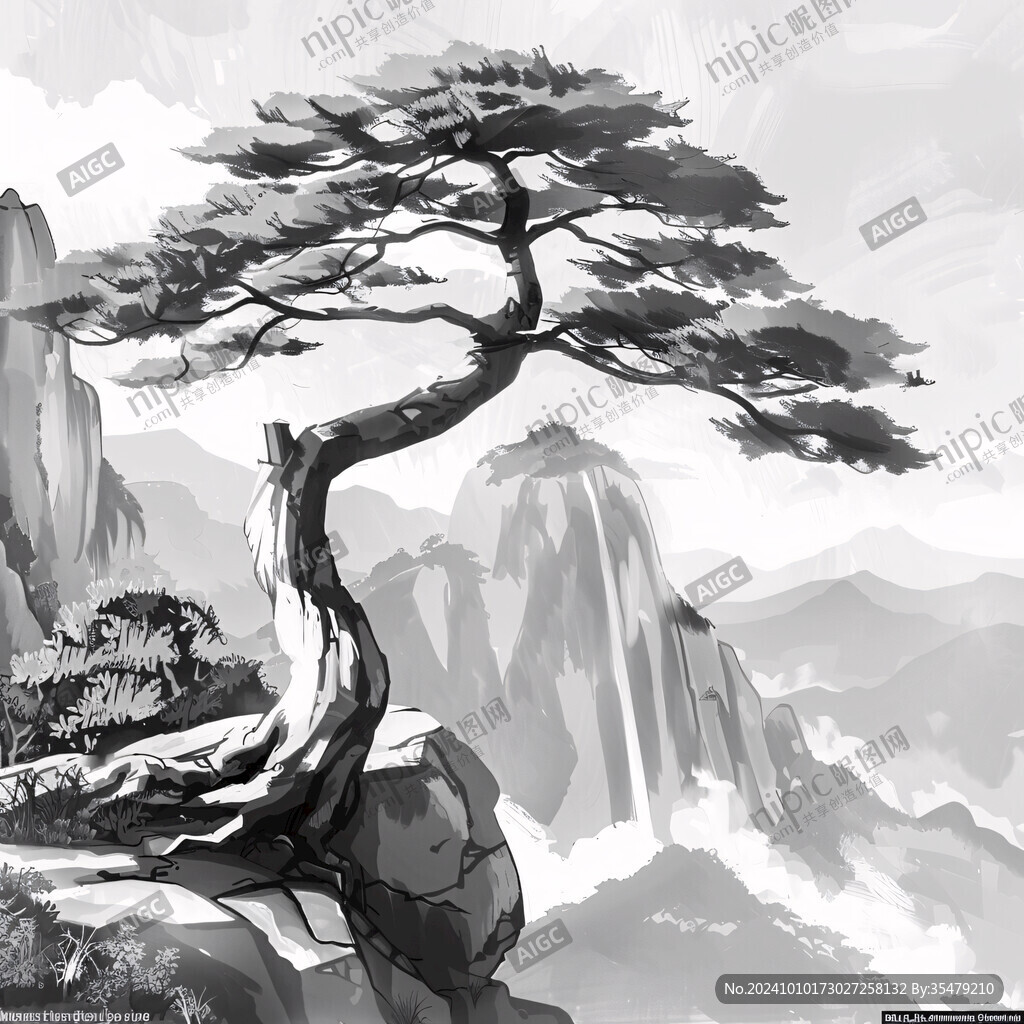 迎客松松树禅意山水