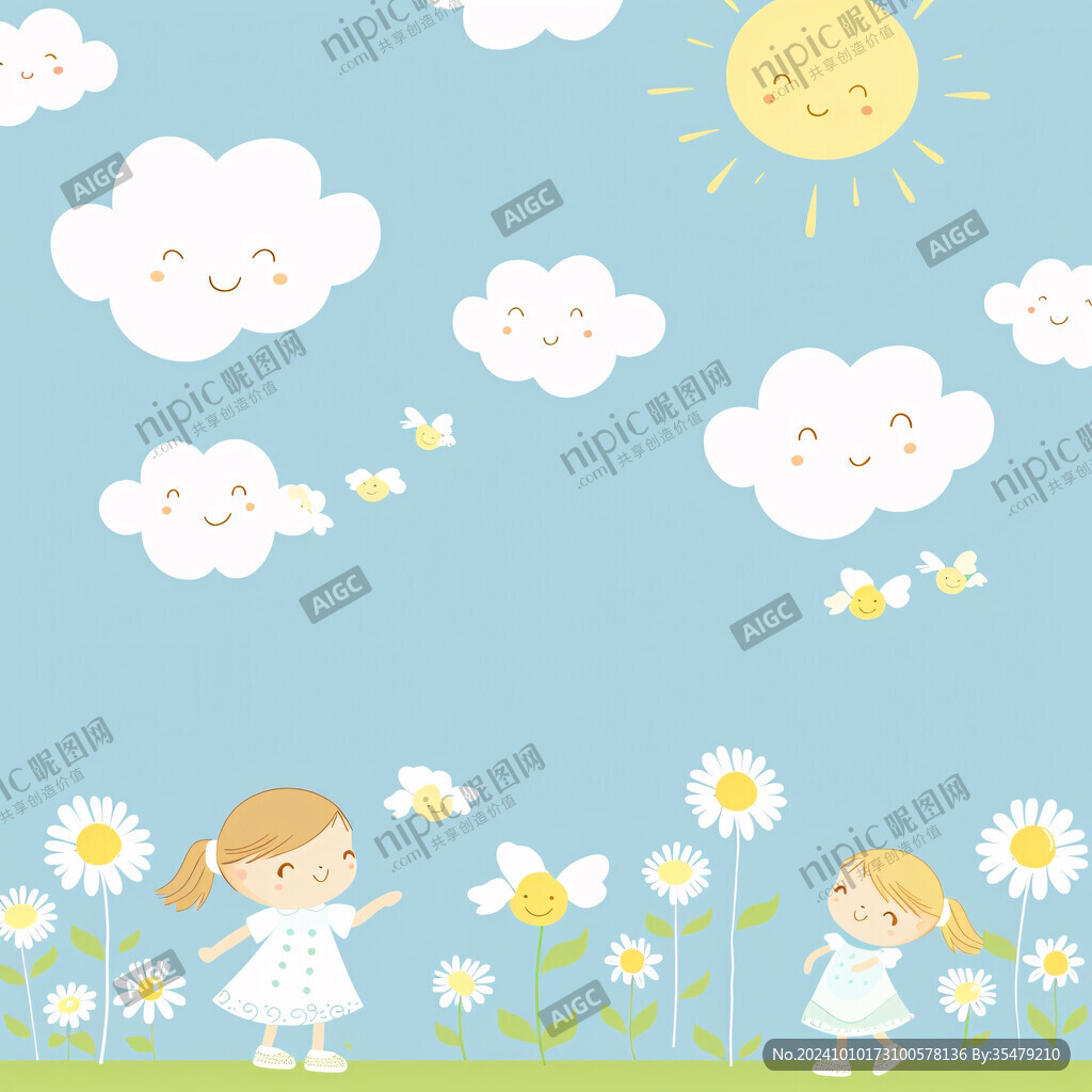 蓝天白云女孩插画
