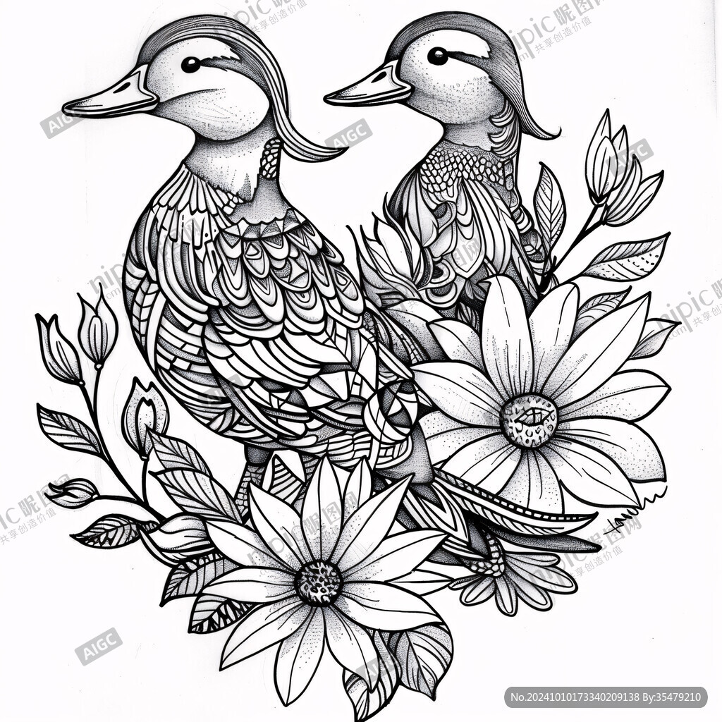 黑白版画插画鸭子