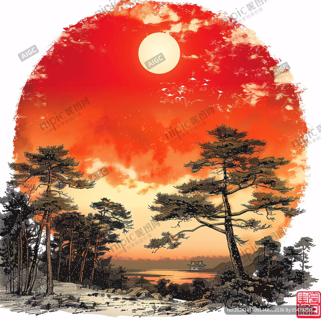 青松红日山峦竹子