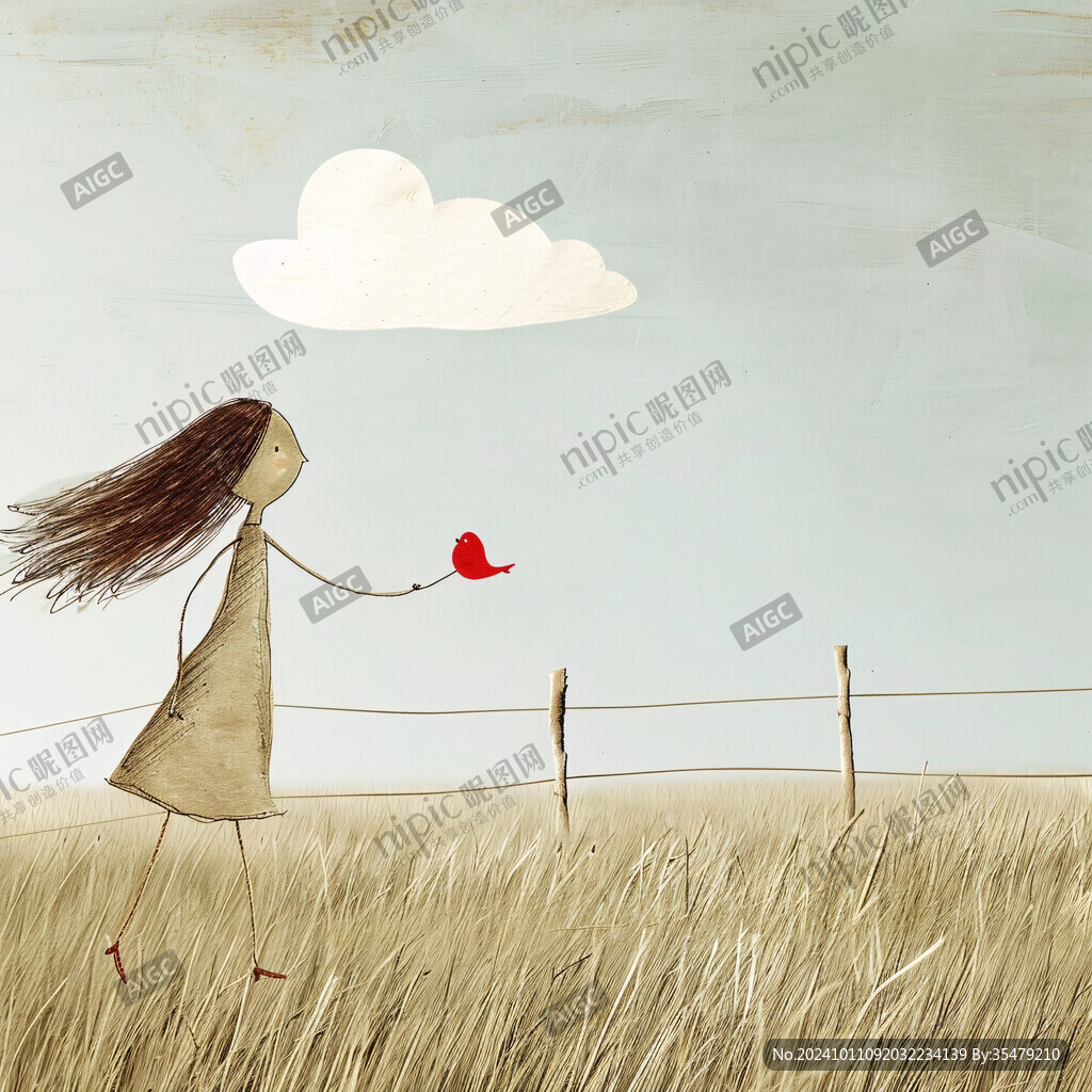 蓝天白云女孩插画