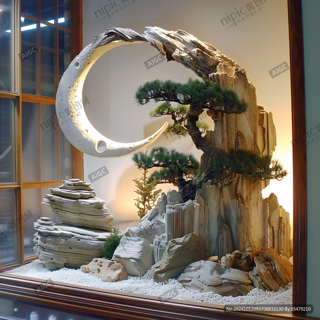 圆形迎客松屏风