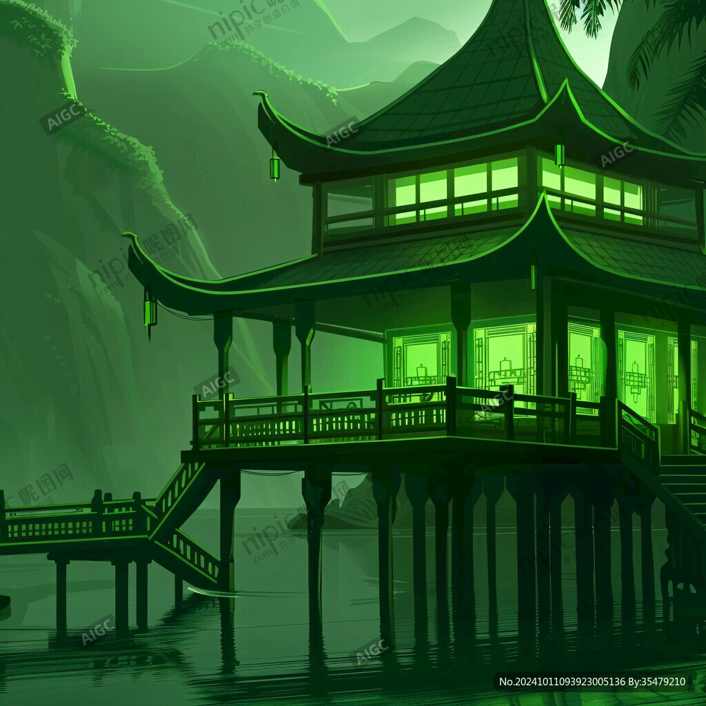 亭台楼阁绿色背景