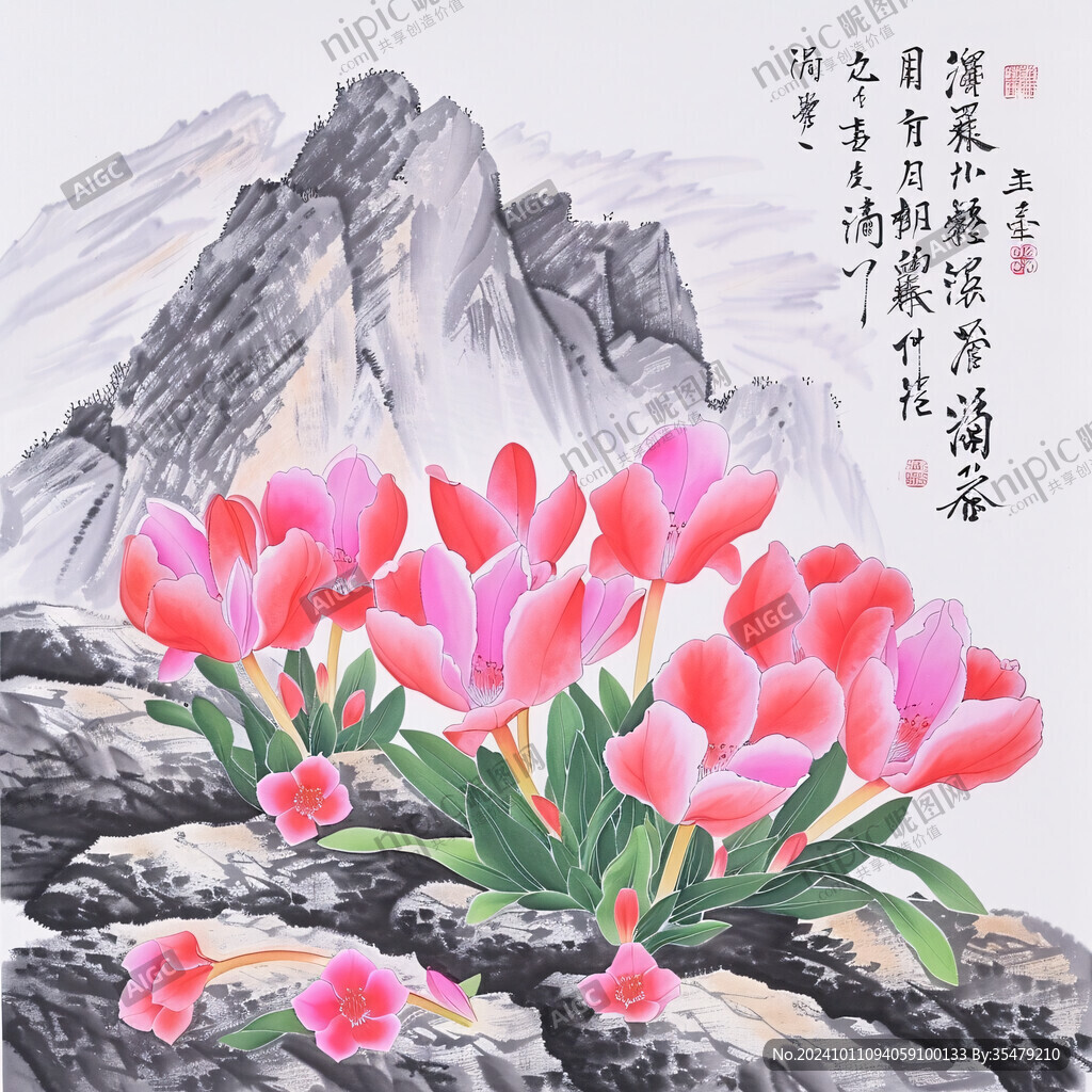 手绘山水玉兰画