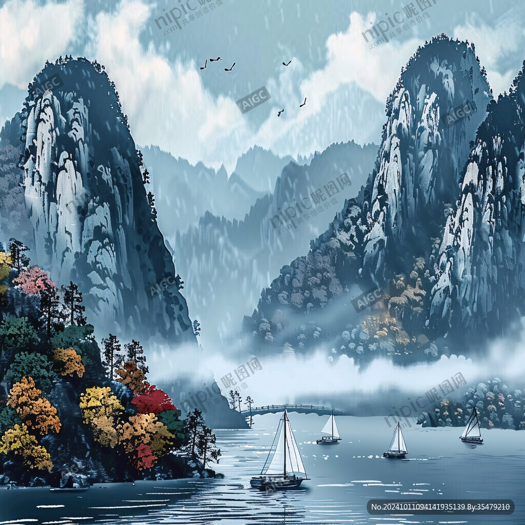 舟河流山峰背景墙