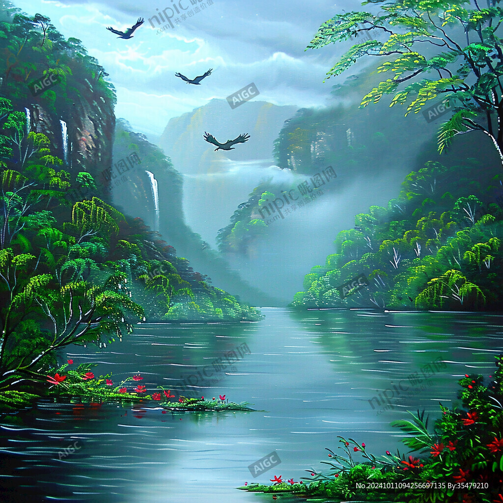 山水风景油画瀑布