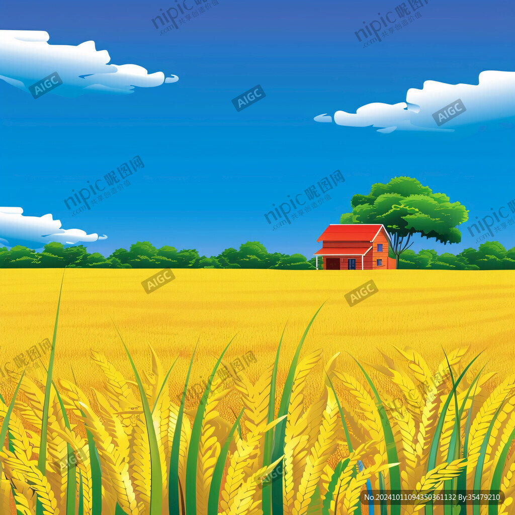 农村金色麦田房子